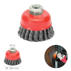 Cepillo Taza Con Alambre De Acero Trenzado Rosca M14, Ø 100 mm. Alambre de Ø 0,50 mm.