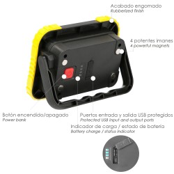 Linterna de Trabajo Led  Multifunción Recargable 2.000 mAh. / 10 W. / 500 Lúmenes / 4 Imanes / Bateria Externa / Soporte 180