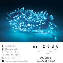 Guirnalda Luces Navidad 300 Leds Color Azul Hielo. Luz Navidad Interiores y Exteriores Ip44. Cable Transparente.