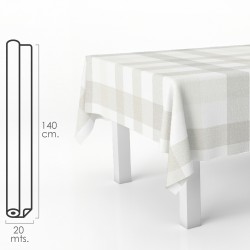 Mantel Hule Rectangular Cuadros Beis. Impermeable Antimanchas PVC 140 cm. x 20 metros. Rollo Recortable. Interior y Exterior