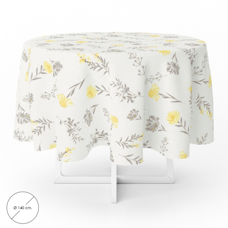 Mantel Hule Redondo Flores Amarillas Impermeable Antimanchas PVC Ø140 cm. Uso Interior y Exterior