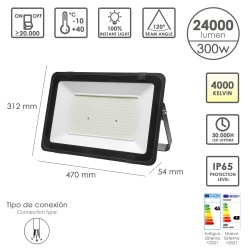 Foco Led Plano Potencia 300 Watt. 24000 Lumenes. Luz blanca 4000K Protección IP65. Cuerpo Aluminio. Foco Exteriores/Interiores
