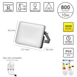 Foco Led Plano Potencia 10 Watt. 800 Lumenes. Luz Calida 3000K Protección IP65. Cuerpo Aluminio. Foco Exteriores / Interiores