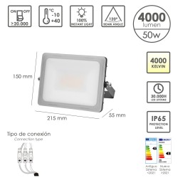Foco Led Plano Potencia 50 Watt. 4000 Lumenes. Luz blanca 4000K Protección IP65. Cuerpo Aluminio. Foco Exteriores / Interiores.