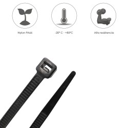 Brida Nylon 100%. Color Negro 2,5 x 160 mm. Bolsa 100 unidades. Abrazadera Plastico, Organizador Cables, Alta Resistencia