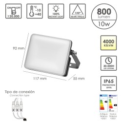 Foco Led Plano Potencia 10 Watt.800 Lumenes. Luz blanca 4000K Protección IP65. Cuerpo Aluminio. Foco Exteriores / Interiores.