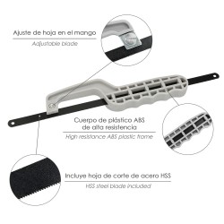Mini Sierra Empuñadura Plastico Con Hoja 300 mm. Ajustable, Hoja Corte HSS, Serrucho, Segueta, Segueta, Mini Arco Sierra