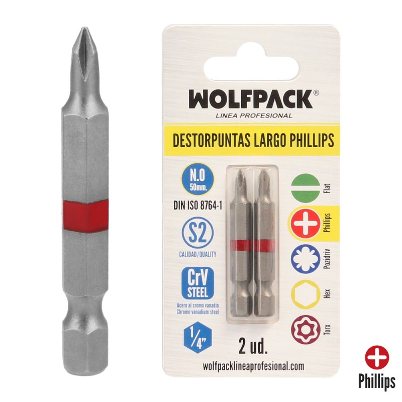 Puntas Largas Destornillador Phillips N 0 (2 Piezas). Acero S2 al Cromo Vanadio. Puntas Hexagonales, Destorpuntas,