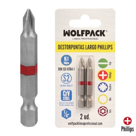 Puntas Largas Destornillador Phillips N 1 (2 Piezas). Acero S2 al Cromo Vanadio. Puntas Hexagonales, Destorpuntas,