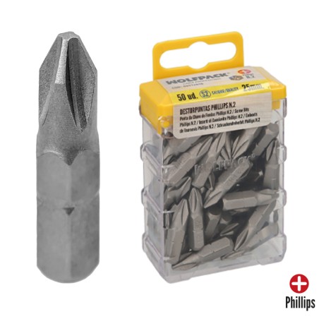 Puntas Destornillador Phillips N 2 (50 Piezas). Acero S2 al Cromo Vanadio. Puntas Hexagonales, Destorpuntas,