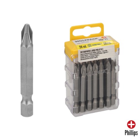 Puntas Largas Destornillador Phillips N 2 (20 Piezas). Acero S2 al Cromo Vanadio. Puntas Hexagonales, Destorpuntas,
