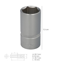 Llave Vaso 1/2" Hexagonal Larga 30 mm. Perfil de 6 caras. Acero Cromo Vanadio, Aristas Redondas