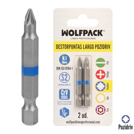 Destorpuntas Largo Pozidriv N 1 (2 Piezas) Acero S2 al Cromo Vanadio. Puntas Hexagonales, Destorpuntas,