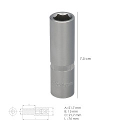 Llave Vaso 1/2" Hexagonal Larga 15 mm. Perfil de 6 caras. Acero Cromo Vanadio, Aristas Redondas