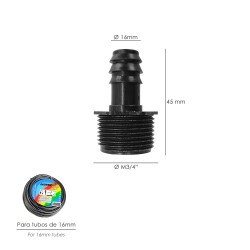 Union Rosca Macho 3/4" A Toma Para Tuberias Goteo Ø 16 mm. (Bolsa 100 uds) Riego Por Goteo, Microaspersión, Riego Nebulizacion