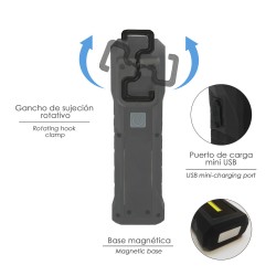 Linterna Led  Profesional Multifuncion Recargable USB 3 Luces 95 / 300 / 250 Lumenes. Con Iman, Gancho y Clip Cinturon