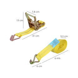 Cinta De Amarre Con Ratchet 6 metros x 38 mm. Trinquete Metalico Automatico, Cincha, Eslinga Mercancia, Correa Sujeción