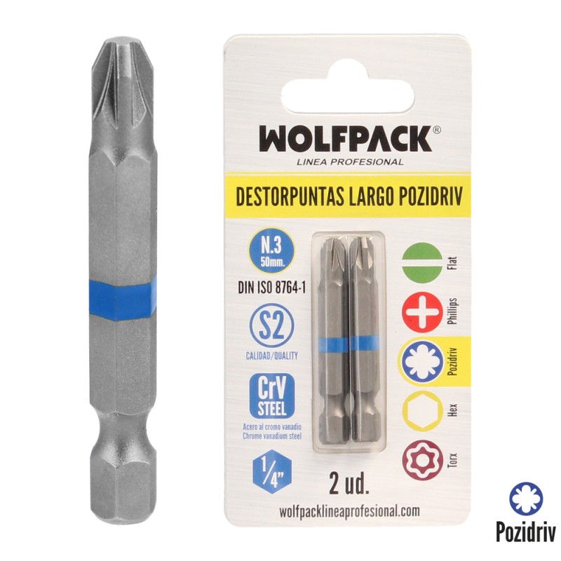 Destorpuntas Largo Pozidriv N 3 (2 Piezas) Acero S2 al Cromo Vanadio. Puntas Hexagonales, Destorpuntas,