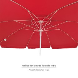 Sombrilla Playa Acero / Poliester Ø 200 cm. Rojo. Varillas Fibra De Vidrio. Sistema Antiviento.