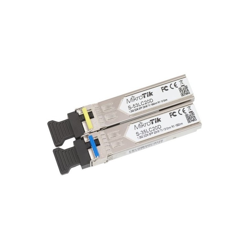 Pack de módulos SFP WDM (Tx y Rx por una sola fibra monomodo) con entrada conector LC/PC. Hasta 20kms