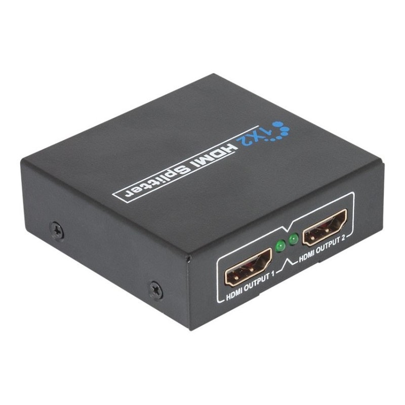 Repartidor HDMI 1 entrada y 2 salidas. Soporta 1080p, 3D y audio Dolby digital rela. 1,3b y HDPC. Conectores bañados en oro