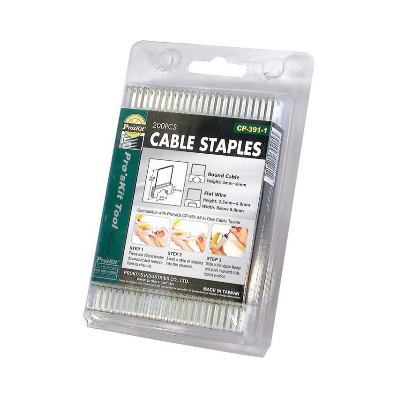 Grapas especiales para grapadora Proskit HRV6002 , que evitan cortar el cable. 16x10,3x7mm. Caja 200 unidades