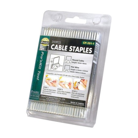 Grapas especiales para grapadora Proskit HRV6002 , que evitan cortar el cable. 16x10,3x7mm. Caja 200 unidades