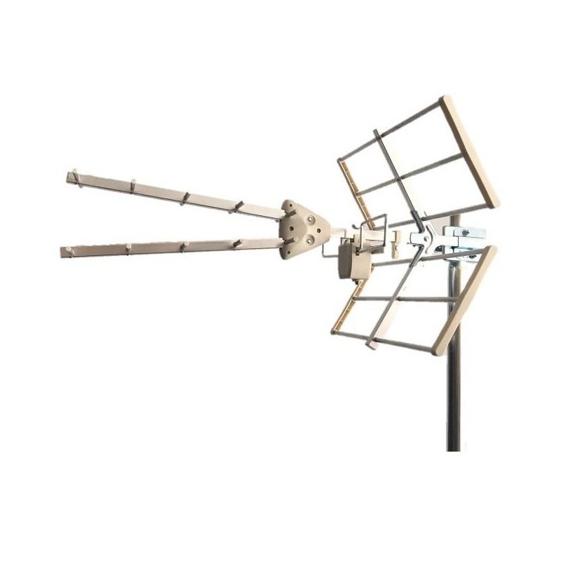 Antena UHF doble, canales 21/48, 13.5dBbi, blanca, 12 elementos. Fácil montaje.