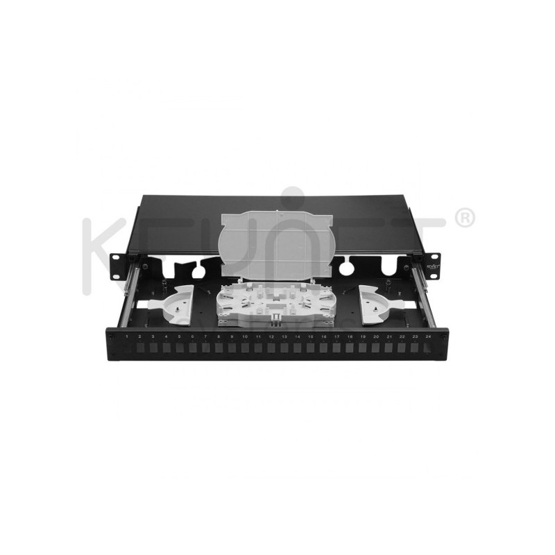 Bandeja de distribución de F.O. 19", hasta 24 SC o LC, 2 x 12 fo o 2x 24 fo (a doble altura) + tapa frontal telescópica. Vacío