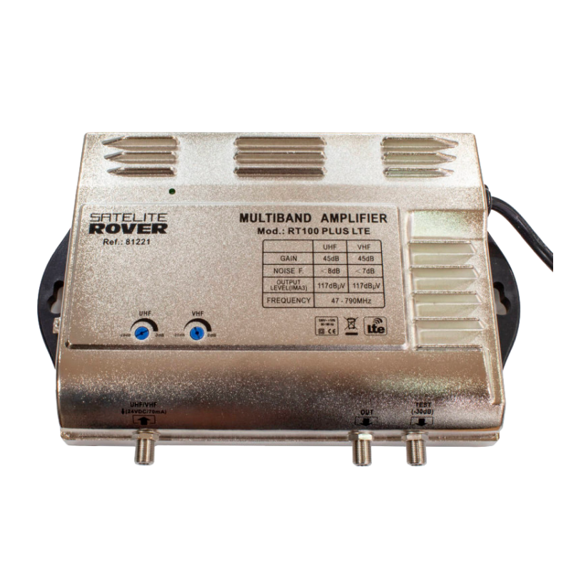 Central Banda Ancha RT-100 PLUS-LTE 700. 1 Entrada 47-68 Mhz / 174-232 Mhz/ / 470-694 Mhz. Ganancia 25-45dB. 117dBuV