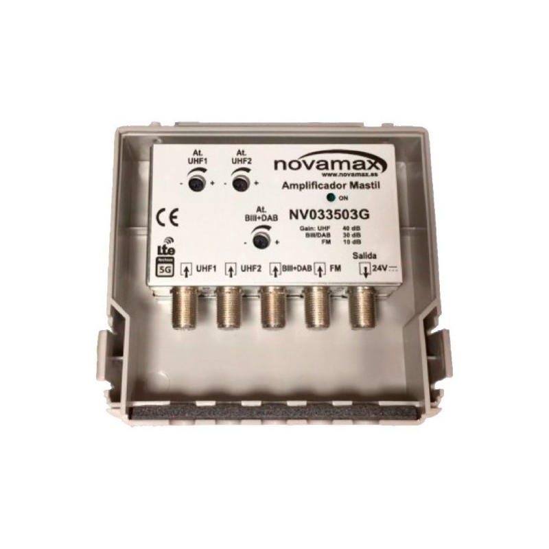 Amplificador mástil 5G 4E-1S, UHF 40dB / FM 10dB / BIII/DAB 30dB, 104 - 107dBu.