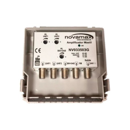 Amplificador mástil 5G 4E-1S, UHF 40dB / FM 10dB / BIII/DAB 30dB, 104 - 107dBu.