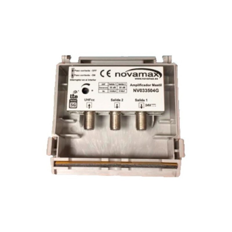 Amplificador de mástil 5G, 1 Entrada. UHF (C21/48), 2 Salidas, 35dB, Ajustable 15dB, 102/87dBuV. Paso DC Conmutable