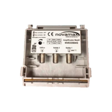Amplificador de mástil 5G, 1 Entrada. UHF (C21/48), 2 Salidas, 35dB, Ajustable 15dB, 102/87dBuV. Paso DC Conmutable