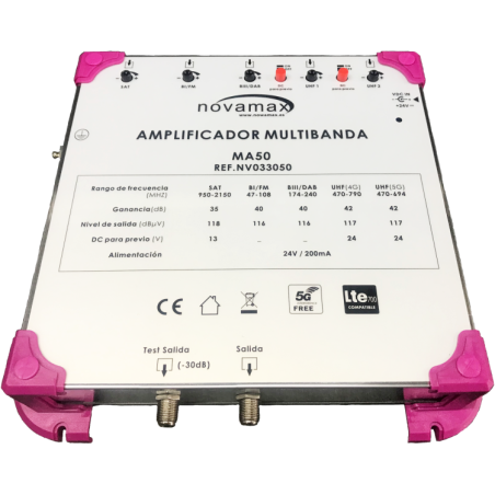 Amplificador Multibanda 5E (UHF1-UHF2-BIII/DAB-BI/FM-SAT) 1 Salida + 1 Salida de Test. 5G. 35/42dB, 116d-118dBuV