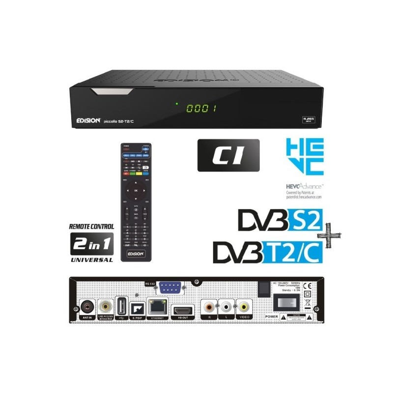 Receptor SAT (S2)+ TDT (T2)+ Cable, FULL HD, H.265, 1 Lector tarjetas, 1 CI, Wifi USB integrado