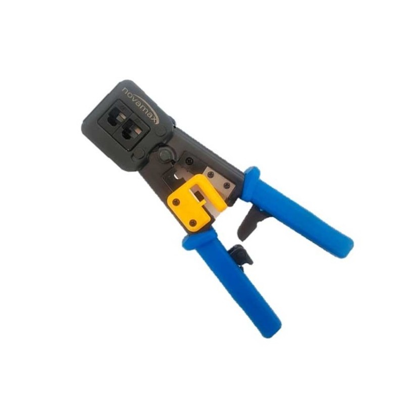 Crimpadora metálica para hilo pasantge (J11 y RJ45), con cuchillas de corte y pelado de corte plano.