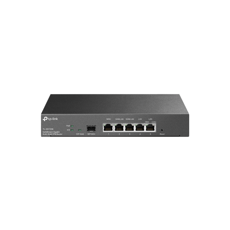 Router VPN OMADA con x1 Gb WAN fijo, x2 Gb WAN/LAN intercambiables, x2 Gb LAN, 1x WAN SFP Flash 128MB, DRAM 512MB,