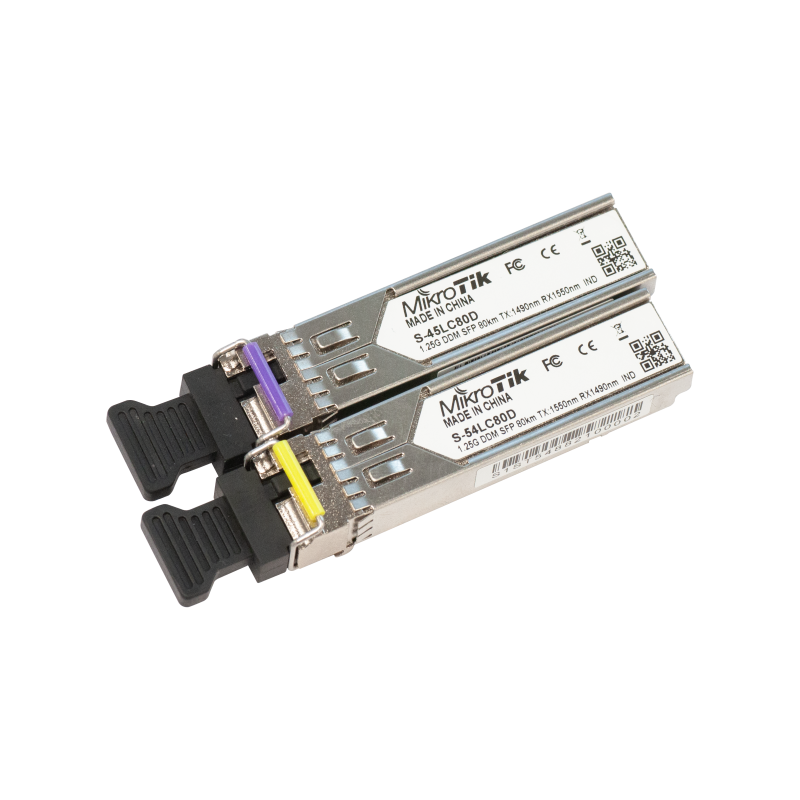 Pack de módulos SFP WDM (Tx y Rx por una sola fibra monomodo) con entrada conector LC/PC. Hasta 80kms