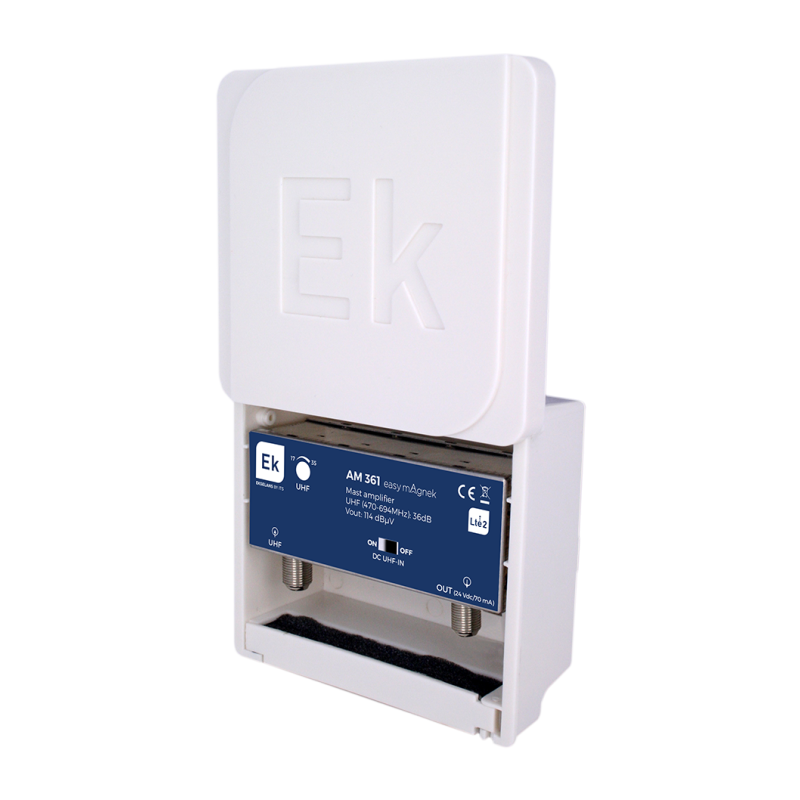 Amplificador de mástil 5G. 1 Entrada. UHF (C21/48), 36dB, 1 Salida 112dBuV. Alimentación 24Vdc.
