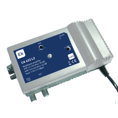 Central amplificadora 2 entradas: VHF (47-230 MHz) / UHF (470-694 MHz). G: 30dB (VHF) / 42dB (UHF). Nivel de salida (DIN 45004B