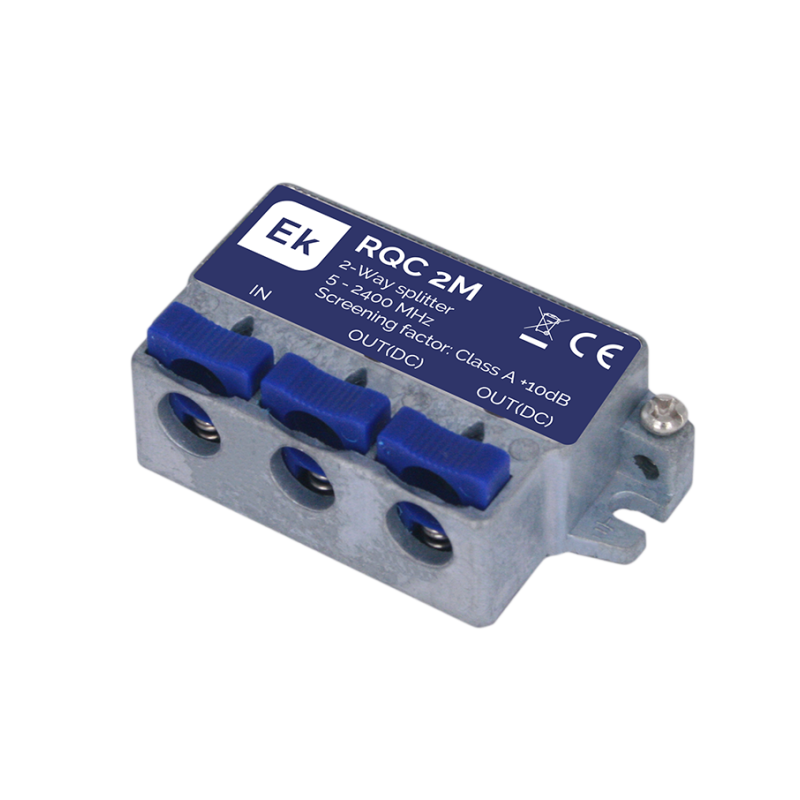 Distribuidor de 2 salidas, tipo QuiCoax. Con paso de corriente DC. 5-2400Mhz. 3,8dB (862MHz) / 4,9dB,(2400MHz).