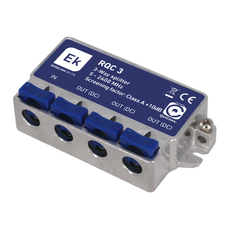 Distribuidor de 3 salidas, tipo QuiCoax. Con paso de corriente DC. 5-2400Mhz. 7dB (862MHz) / 9,5dB,(2300MHz)