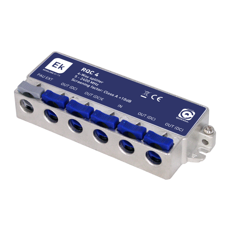 Distribuidor de 4 salidas, tipo QuiCoax. Con paso de corriente DC. 5-2400Mhz. 8,1dB (862MHz) / 10dB,(2300MHz).