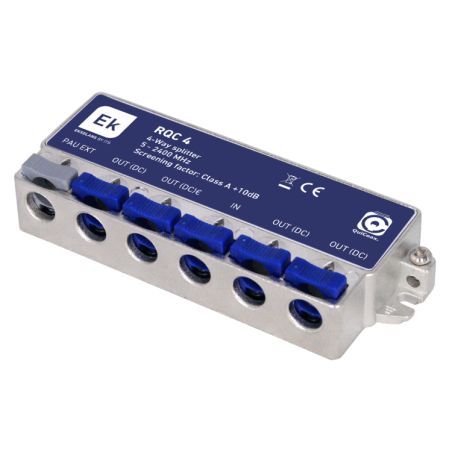 Distribuidor de 4 salidas, tipo QuiCoax. Con paso de corriente DC. 5-2400Mhz. 8,1dB (862MHz) / 10dB,(2300MHz).