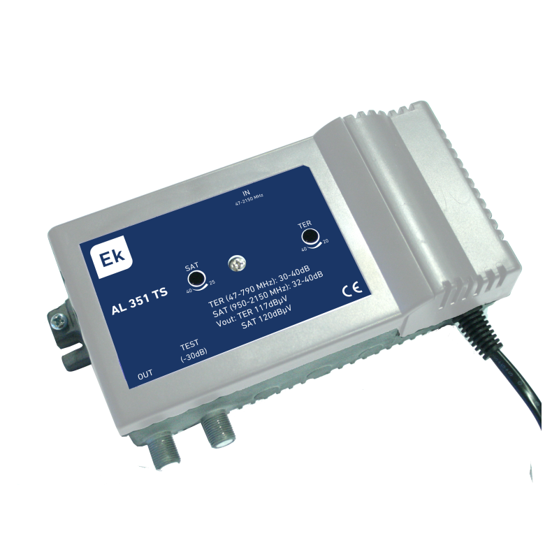 Amplificador línea 1E 1S. ICT. 1 Entrada TER+SAT - 1Salida.  35dB/35db, 114/119 dBuV