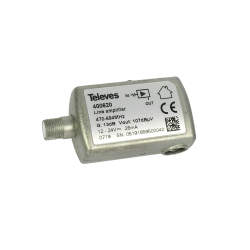 Amplificador de línea UHF para TDT, 1E-1S con conector F. 470...694MHz G 13dB Vs 98dBμV