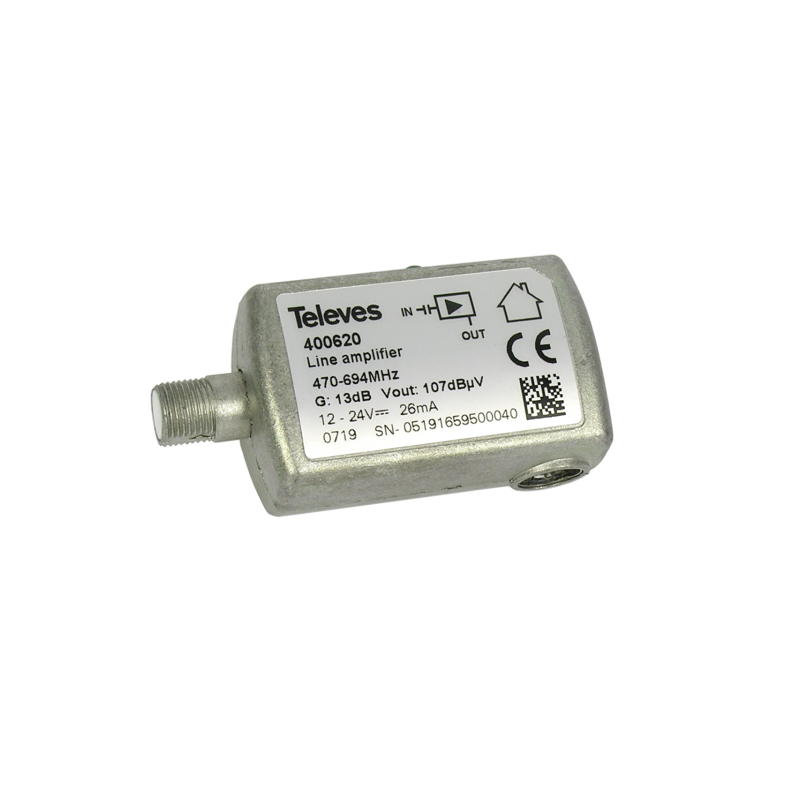 Amplificador de línea UHF para TDT, 1E-1S con conector F. 470...694MHz G 13dB Vs 98dBμV