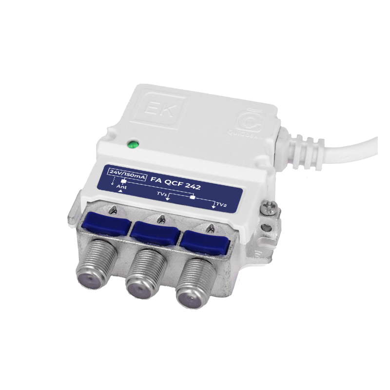 Fuente de alimentación conmutada. 24Vdc. Corriente máxima. 150mA. 2 Salidas. QuiCoax con conector F. Con cable.