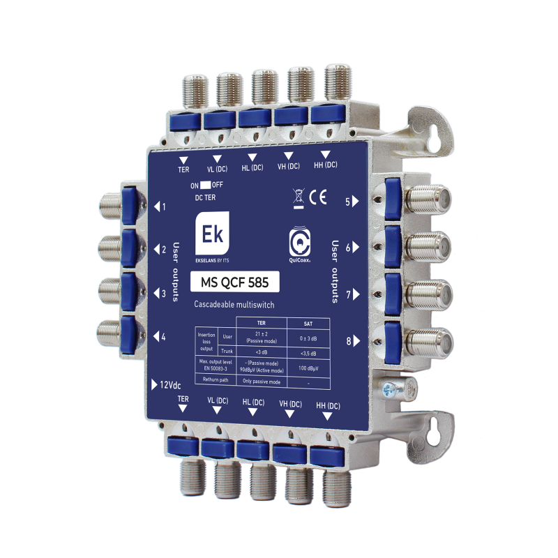 Multiswitch de 5 x 8 en cascada (intermedio, no final) 5 entradas (4 SAT + 1 TER), 8 salidas usuario.